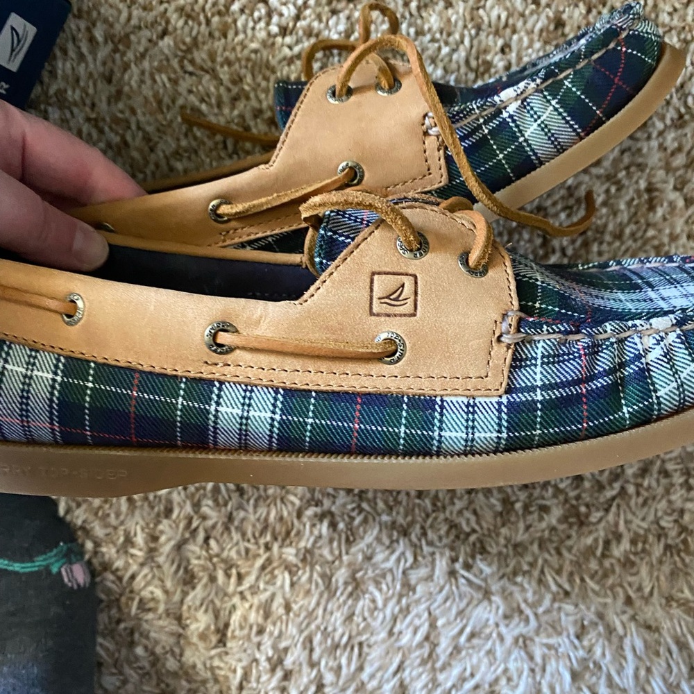 Sperry Green Plaid & Tan Leather Boat Shoes